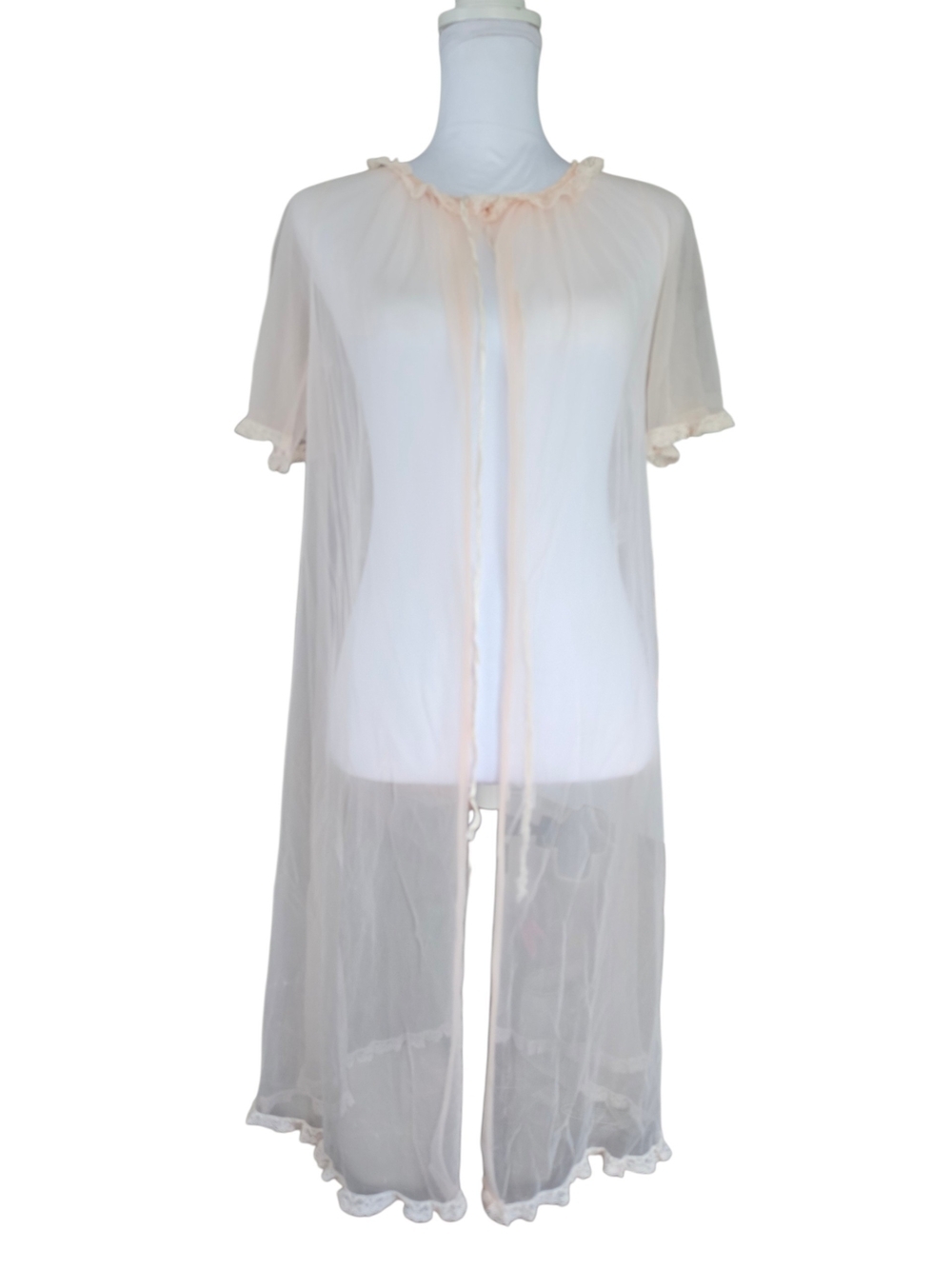 Vintage Movie Star Delicate Sheer Tie-Front Robe in Light Peach
